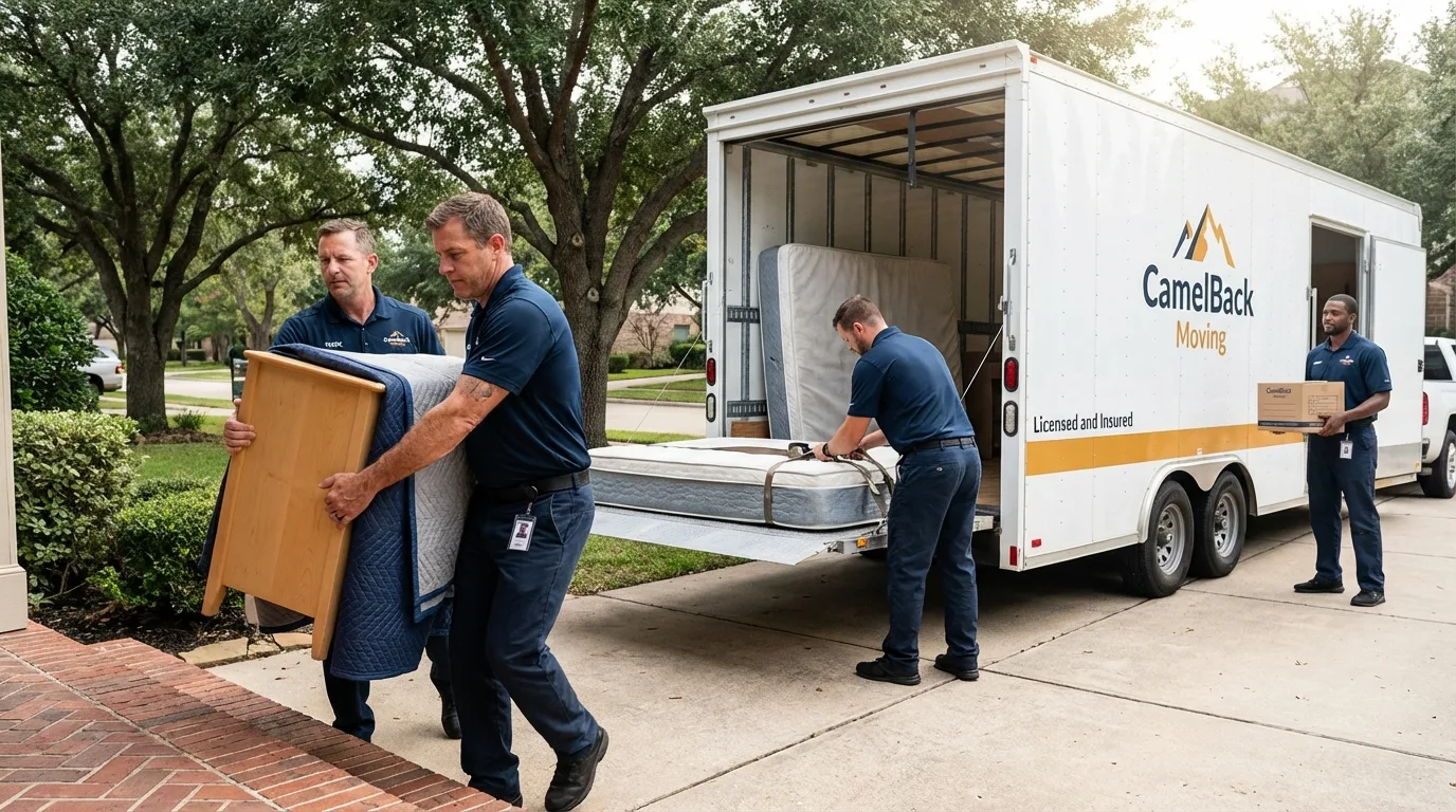Crew loading residential truck for cross-state move from South Lake Tahoe, CA