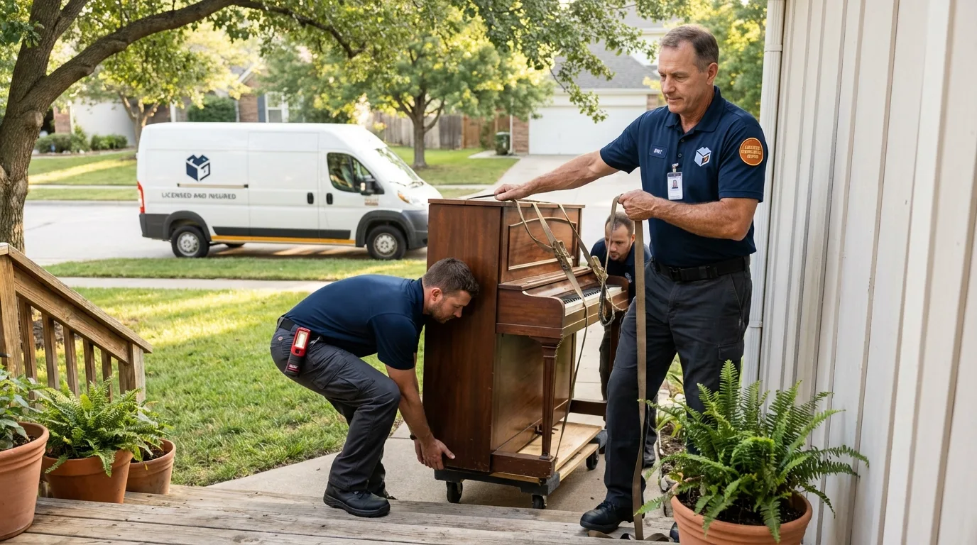 Licensed piano movers securing grand piano in South Lake Tahoe, CA