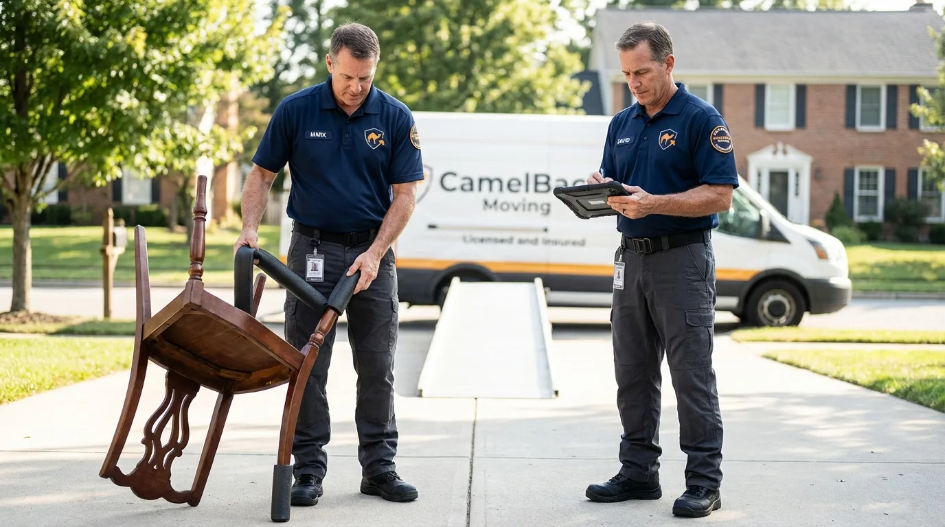 Movers inspecting furniture for damage prevention before loading in South Lake Tahoe, CA