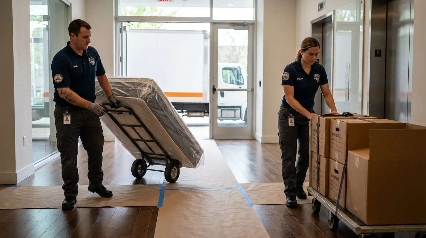 Professional apartment movers loading elevator in South Lake Tahoe, CA