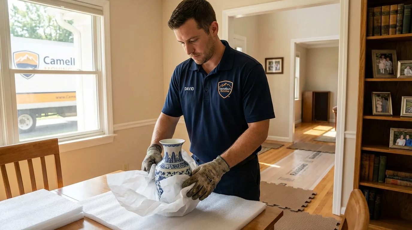 Professional crew carefully wrapping antique vase for senior downsizing move in South Lake Tahoe, CA
